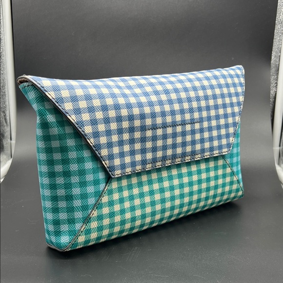 J. Crew Handbags - J. Crew Checkered Clutch - Blue and Green Coated Leather NEW